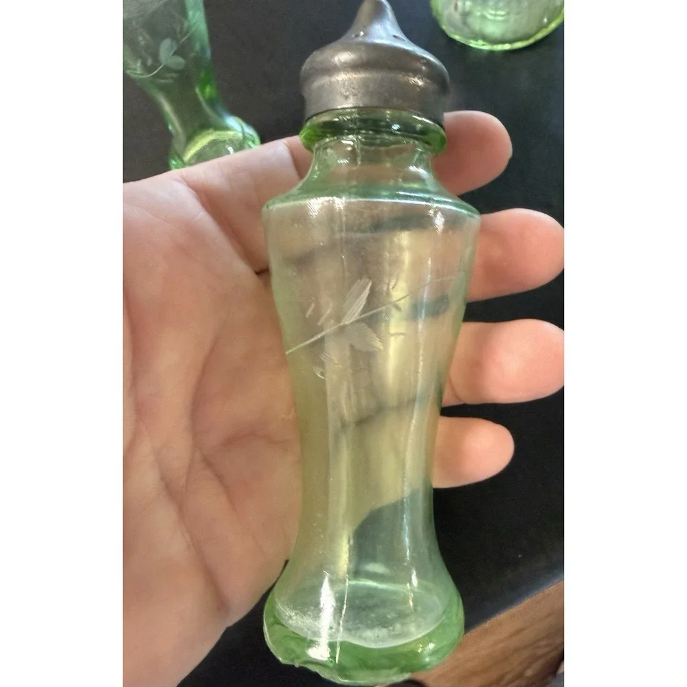 Vintage Uranium Vaseline Glass Kitchen Set Shakers Syrup Pitcher 6 Pc